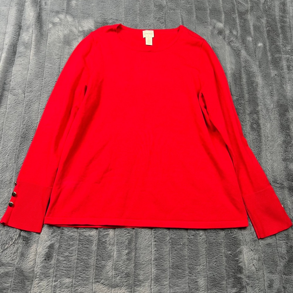 Chicos Red Long Sleeve Button Cuff Crew Neck Rayon Blend Sweater Size 1 M